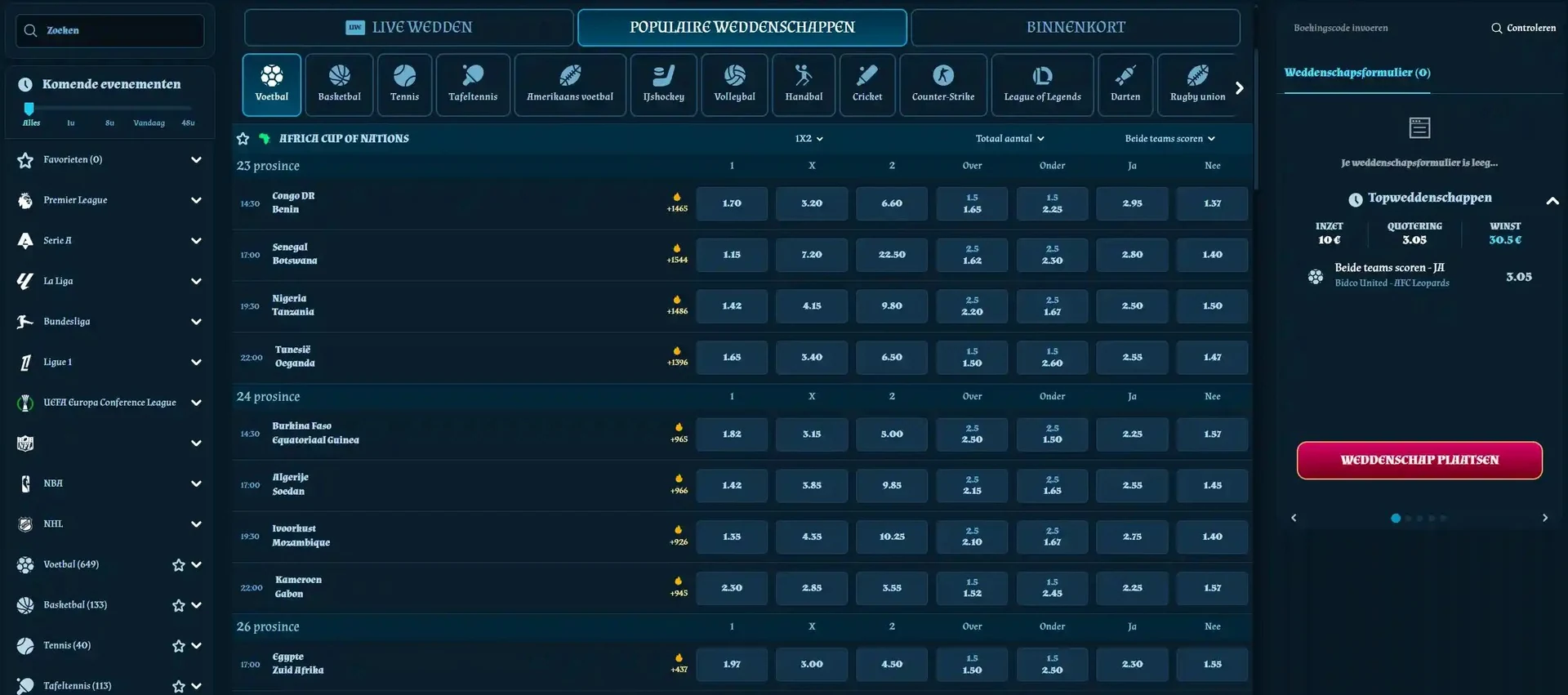 Sportsbook van FamBet met live weddenschappen